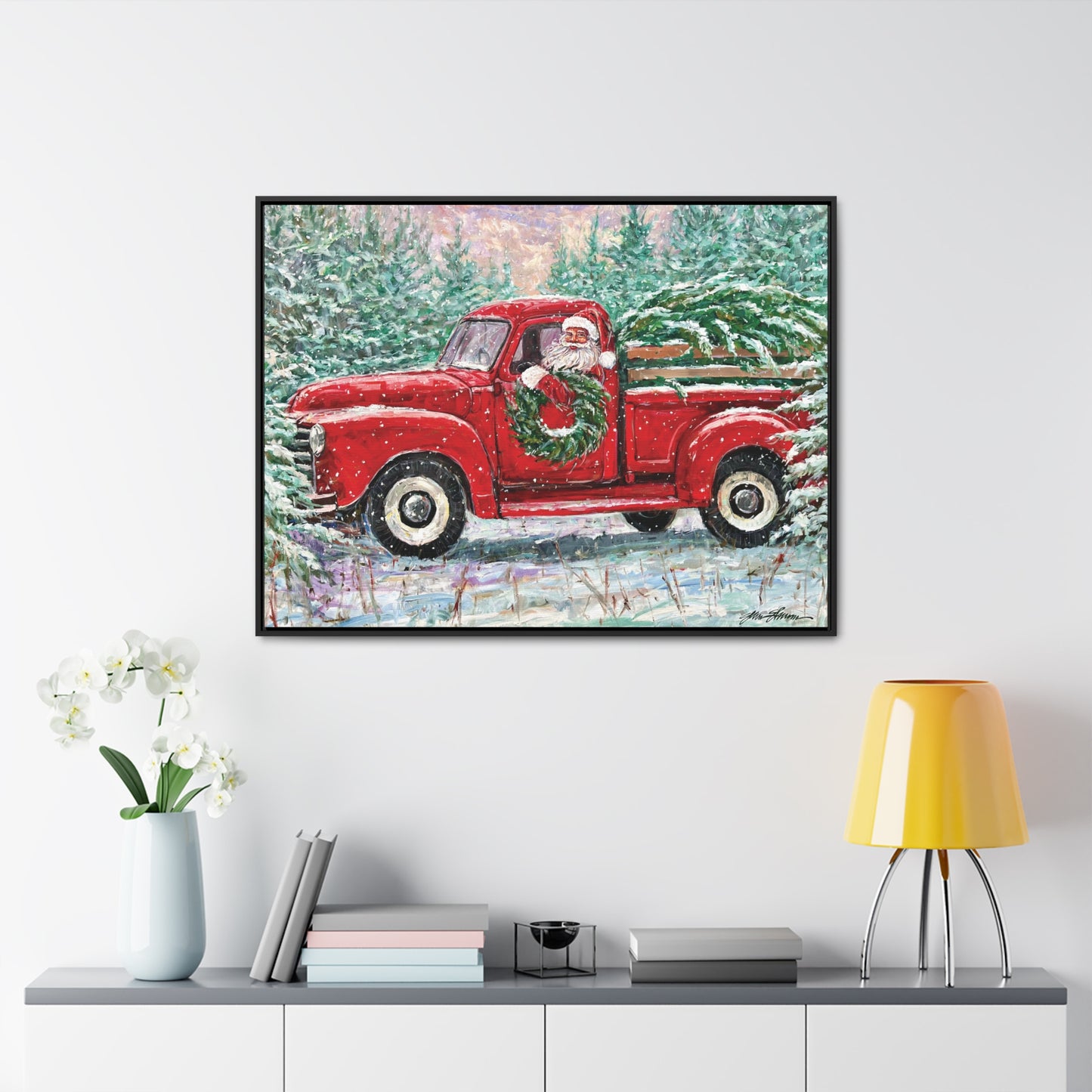 Santa in Red Truck with Tree