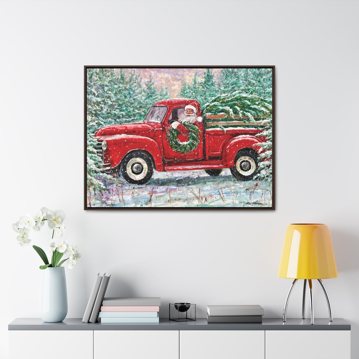 Santa in Red Truck with Tree