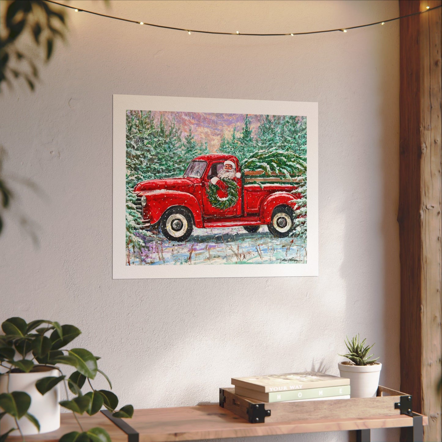 Red Truck Santa on Textured Watercolor Paper
