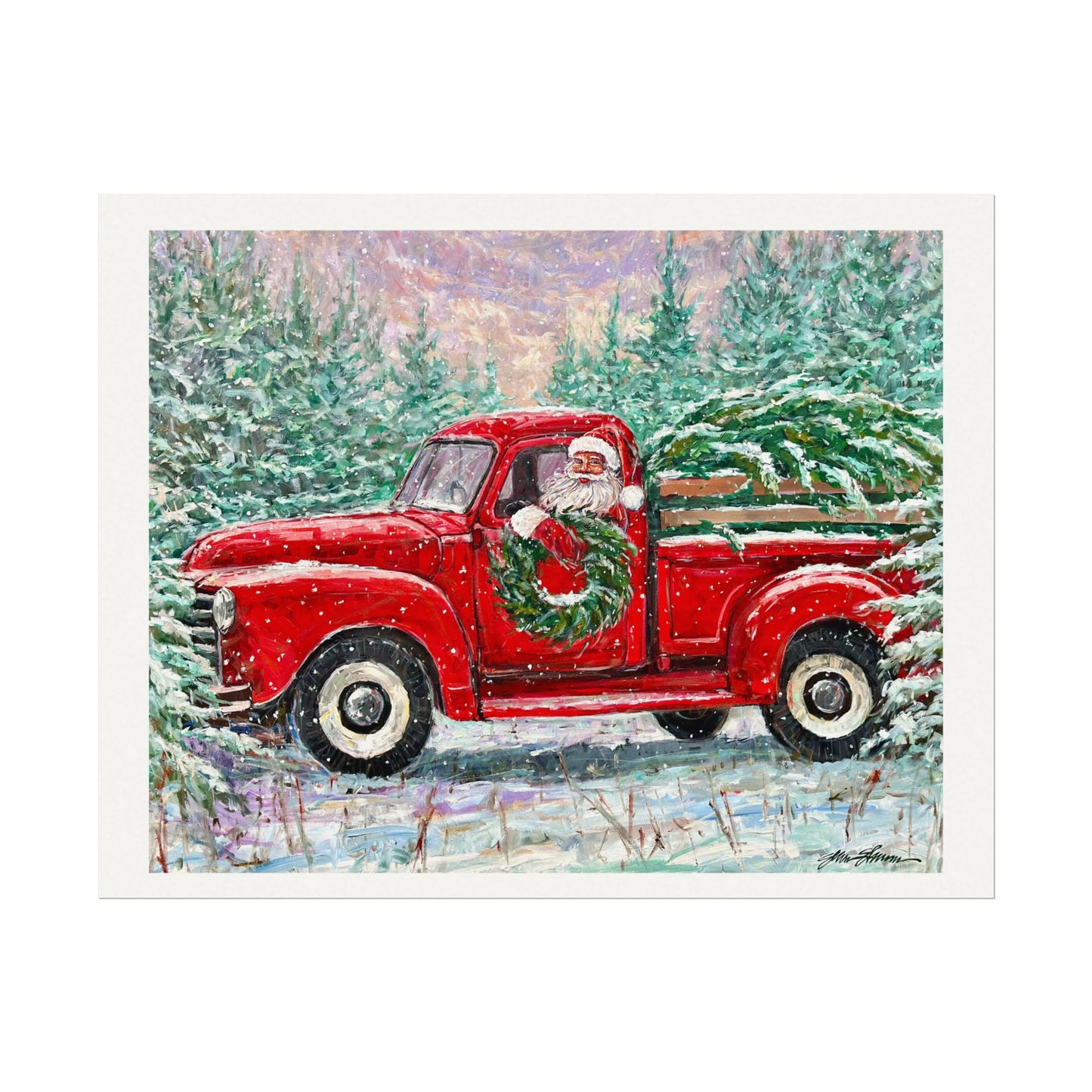 Red Truck Santa on Textured Watercolor Paper