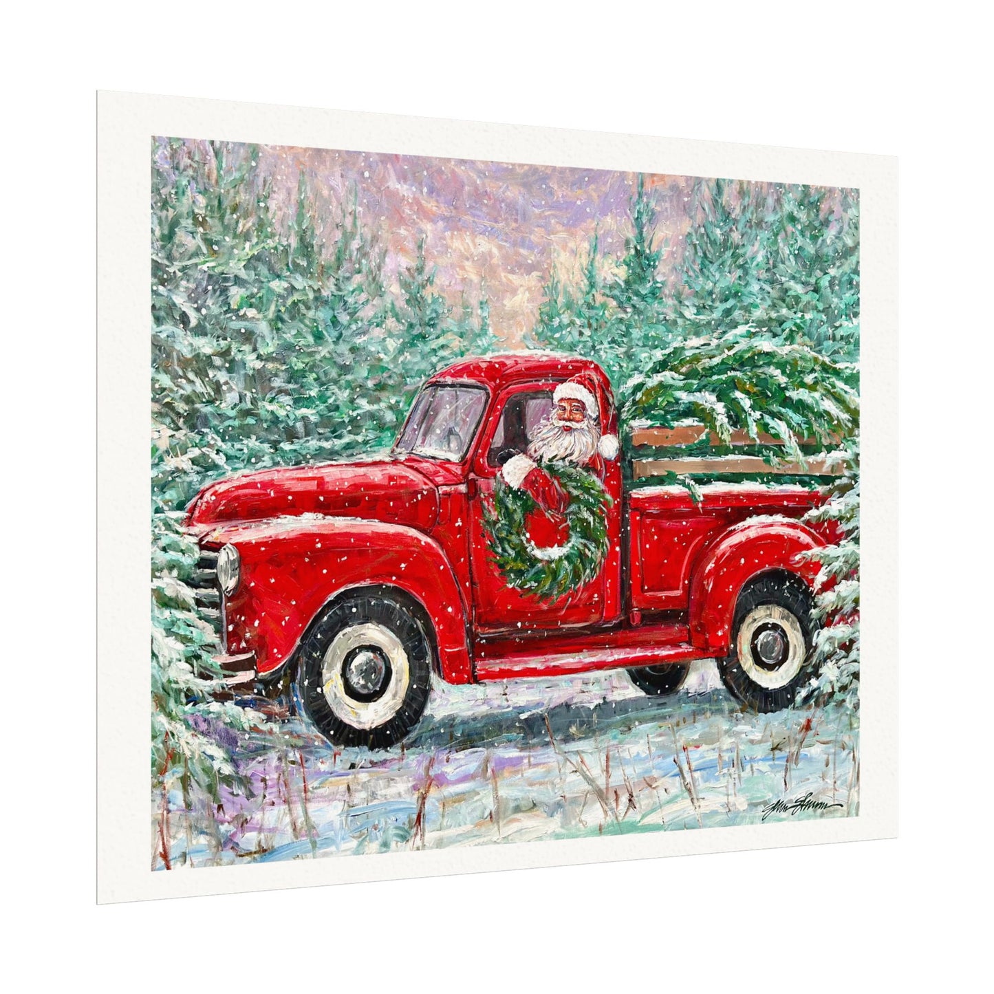 Red Truck Santa on Textured Watercolor Paper
