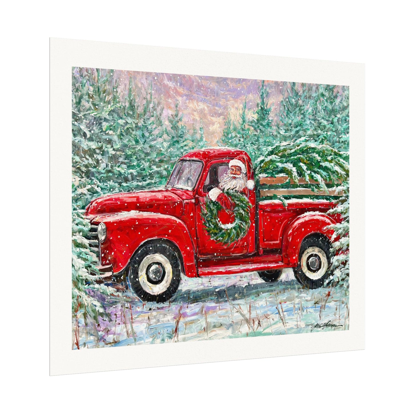 Red Truck Santa on Textured Watercolor Paper