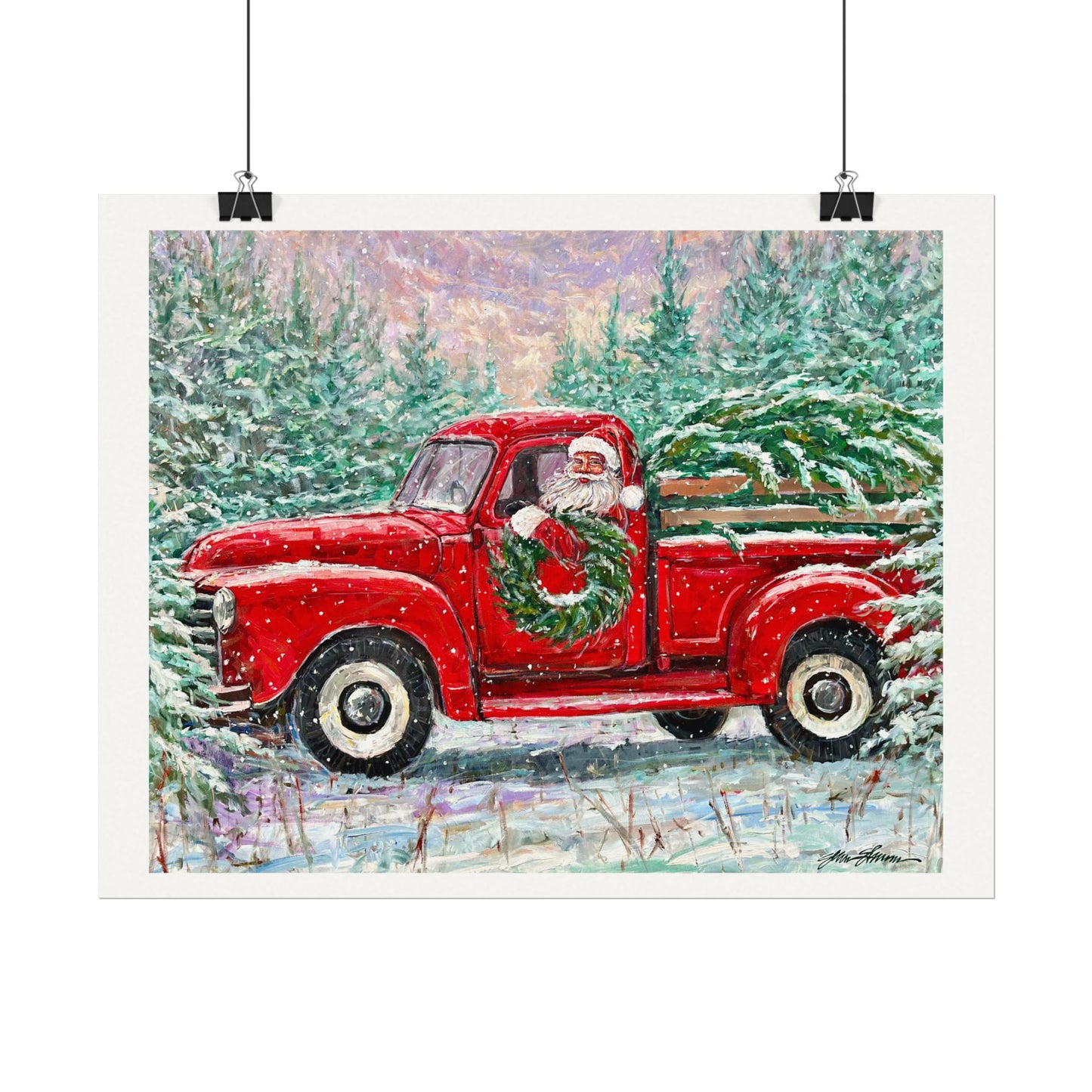 Red Truck Santa on Textured Watercolor Paper