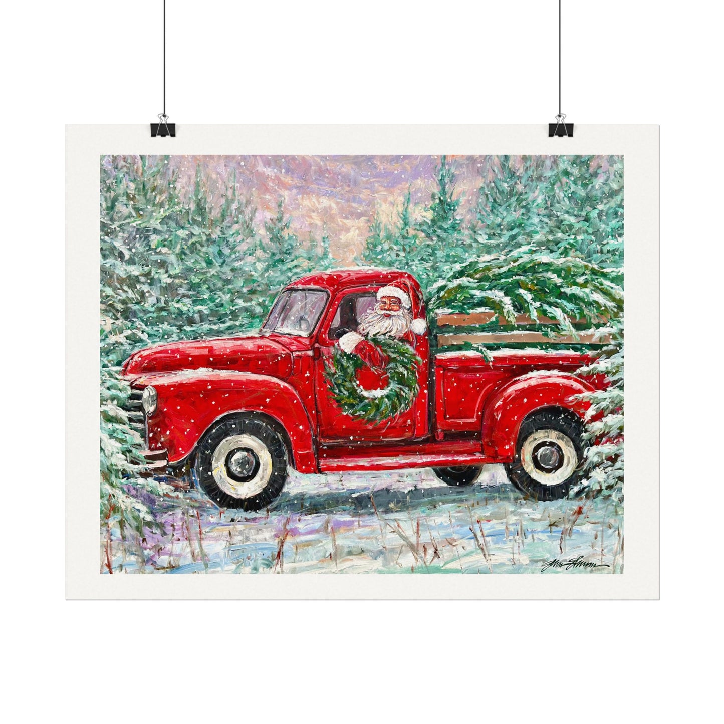 Red Truck Santa on Textured Watercolor Paper
