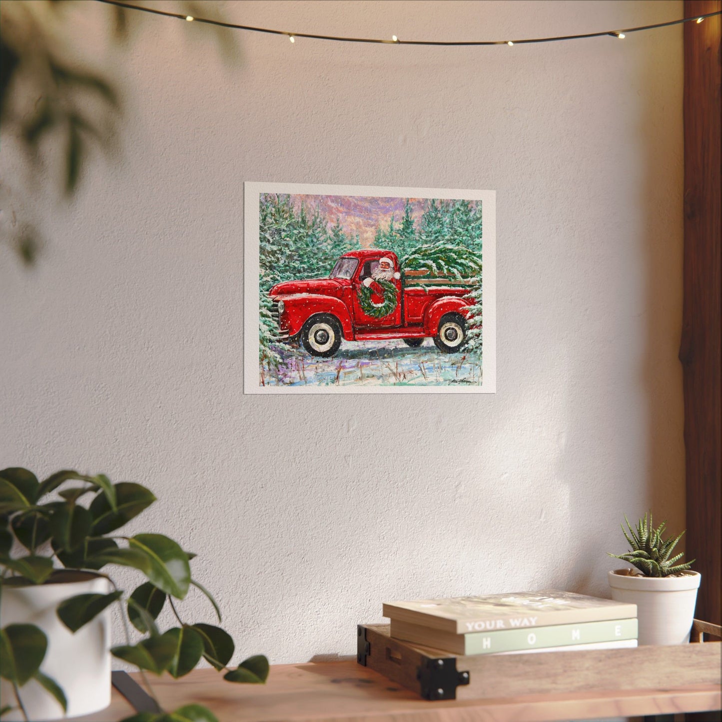 Red Truck Santa on Textured Watercolor Paper