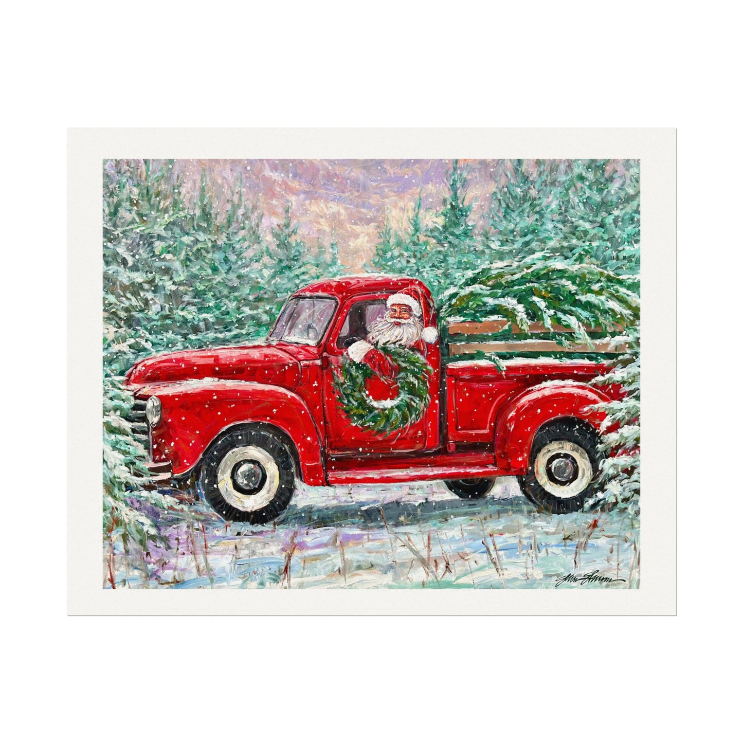 Red Truck Santa on Textured Watercolor Paper