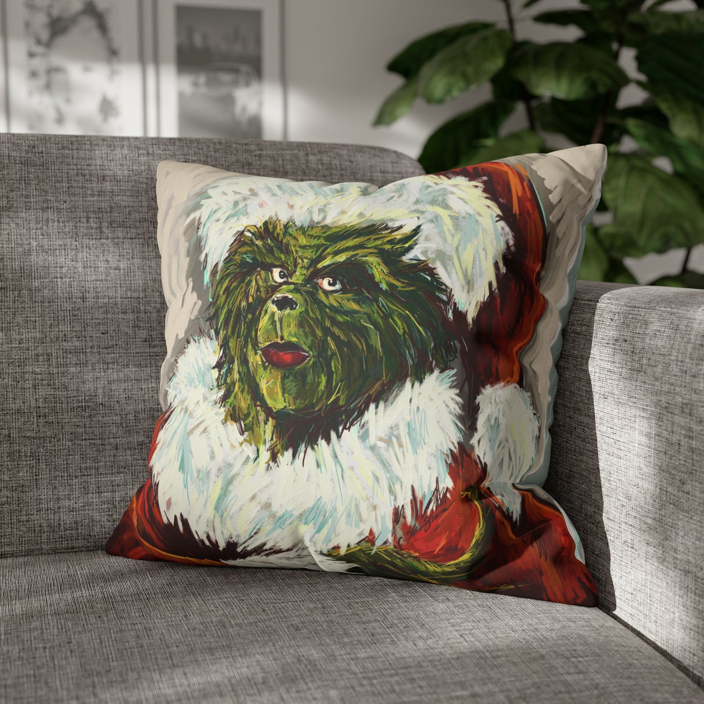 GRINCH / SANTA COLOR  Double Sided Pillow  (no insert)