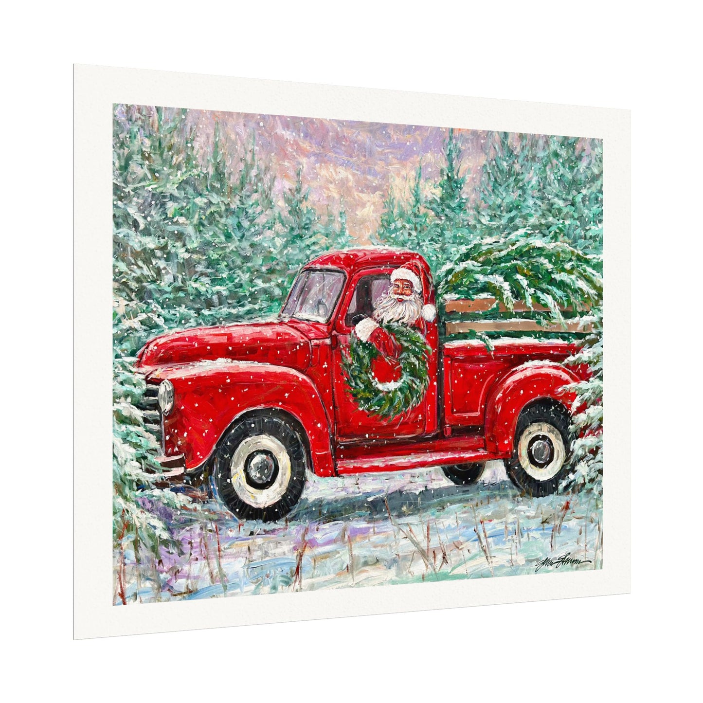 Red Truck Santa on Textured Watercolor Paper