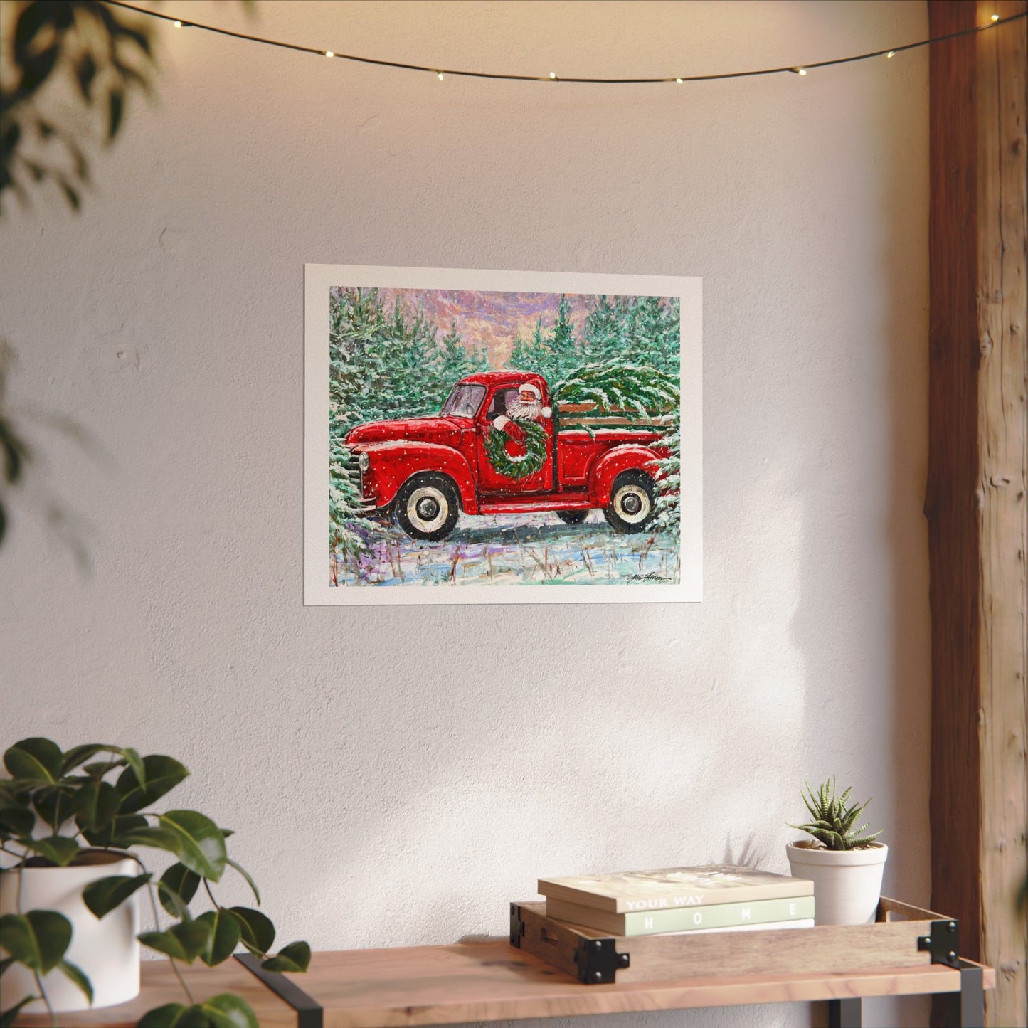 Red Truck Santa on Textured Watercolor Paper